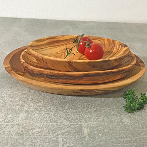 Juego de 3 platos de madera de olivo y cuencos para servir y saltar, hecho a mano