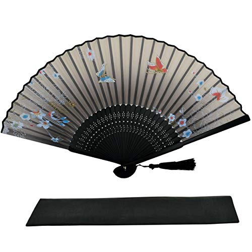 Juego de 6 abanicos de Rangebow, de bambú con seda, diseño de flores japonesas, con bolsa, ideal para bodas, unisex y para todas las edades
