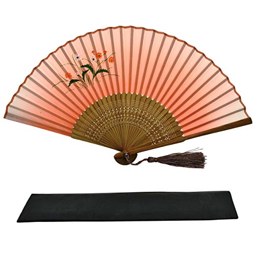 Juego de 6 abanicos de Rangebow, de bambú con seda, diseño de flores japonesas, con bolsa, ideal para bodas, unisex y para todas las edades