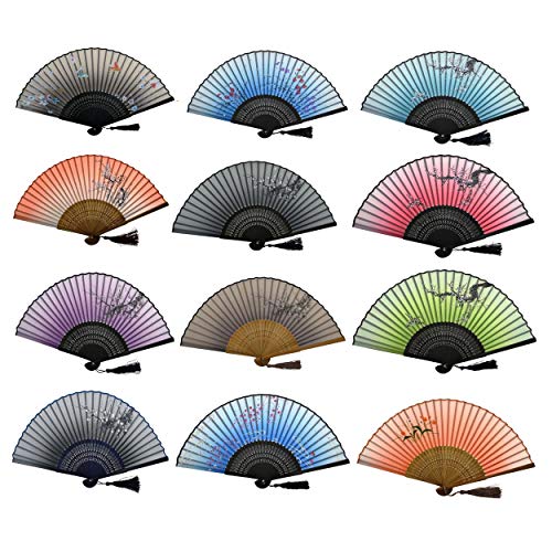 Juego de 6 abanicos de Rangebow, de bambú con seda, diseño de flores japonesas, con bolsa, ideal para bodas, unisex y para todas las edades