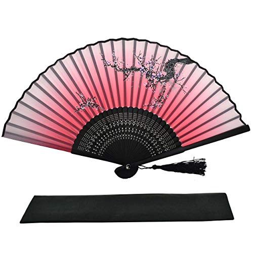 Juego de 6 abanicos de Rangebow, de bambú con seda, diseño de flores japonesas, con bolsa, ideal para bodas, unisex y para todas las edades