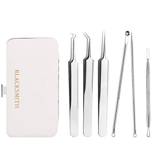 Juego de 6 herramientas para eliminar puntos negros, kit profesional de extracción de granos, incluye pinzas curvas para la cabeza blanca, kit de eliminación de acné, tratamiento de manchas