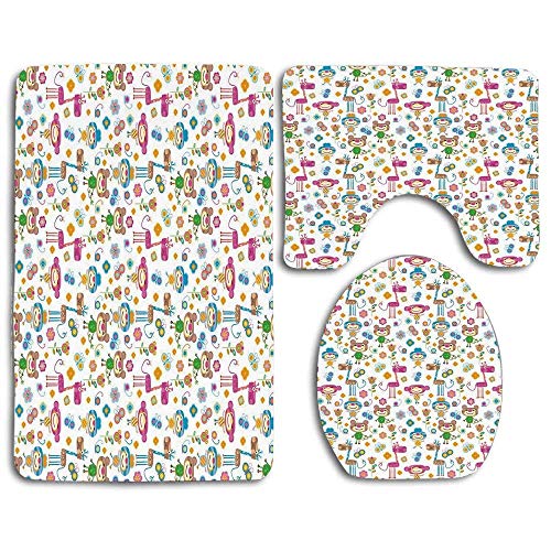 Juego de alfombras de baño de seguridad Vivero Animales y flores lindos Inspirado en la naturaleza Elementos vítores coloridos Alfombra de baño Sweet Jungle + Alfombra de contorno + Funda de asiento d