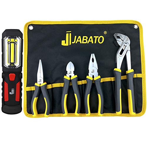 Juego de alicates, set de 4 alicates con funda de lona enrollable + linterna de trabajo LED-COB. Alicates de acero al carbono para trabajos de electricista, mecánica, bricolaje, DIY. Jabato.