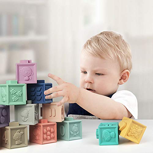 Juego de bloques de apilamiento Squeeze para bebés, juguetes suaves para niños sin BPA, juego de baño para bebé con números, formas, animales, paquete de 12