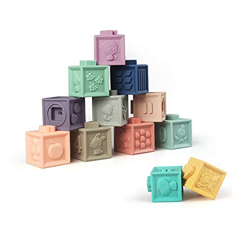 Juego de bloques de apilamiento Squeeze para bebés, juguetes suaves para niños sin BPA, juego de baño para bebé con números, formas, animales, paquete de 12