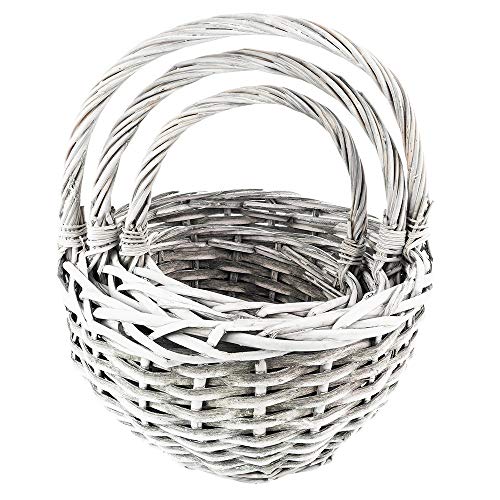Juego de cestas de mimbre con forma de corazón | 3 cestas en diferentes tamaños: Ø14, Ø18, Ø21 cm | con asa | gris | trenzado | redondo, pequeño | ideal como cesta vacía