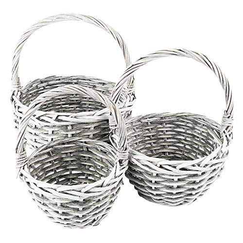 Juego de cestas de mimbre con forma de corazón | 3 cestas en diferentes tamaños: Ø14, Ø18, Ø21 cm | con asa | gris | trenzado | redondo, pequeño | ideal como cesta vacía