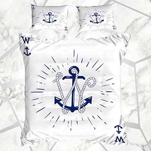 Juegos de fundas nórdicas Barco azul marino Alfabeto Etiqueta vintage Ancla Carta Emblema ABC Insignia antigua Barco Burst Ropa de cama de microfibra náutica con 2 fundas de almohada Cuidado fácil Ant