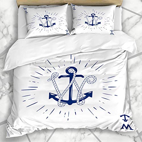 Juegos de fundas nórdicas Barco azul marino Alfabeto Etiqueta vintage Ancla Carta Emblema ABC Insignia antigua Barco Burst Ropa de cama de microfibra náutica con 2 fundas de almohada Cuidado fácil Ant