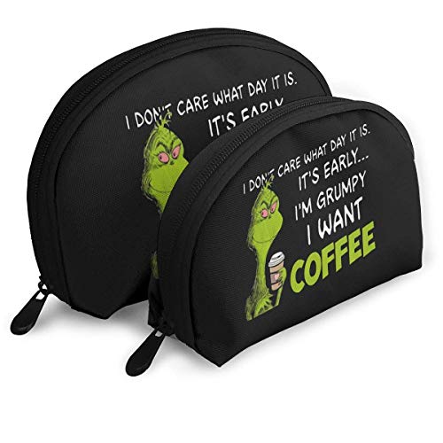 JUKIL Ita € s Early IA € m Grumpy I Want Coffee Bolsas portátiles Bolsa de Embrague Cremallera Shell Bolsa de Almacenamiento de Maquillaje 2pcs Bolsas de artículos de Aseo Bolsa de cosméticos