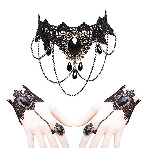 Jurxy Conjunto de Collar de Gargantilla de Encaje con Pulsera Punk Fiesta Gótico Hecho a Mano Vampiro Victoriano Esclavo Retro Lolita Colgante Collar Pulsera Pulsera para Mujeres Negras Estilo 4