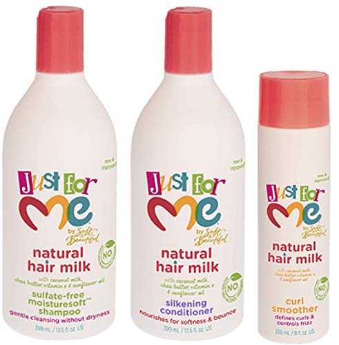 Just for Me Champú natural con leche para el cabello, acondicionador de seda y rizador más suave (juego de 3)