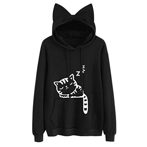 K-youth Sudaderas Mujer Invierno otoño Sudadera Mujer Gato de Manga Larga Sudadera con Capucha Blusa Tops Jersey Ropa de Mujer en Oferta Chaquetas Invierno (Negro, XXL)