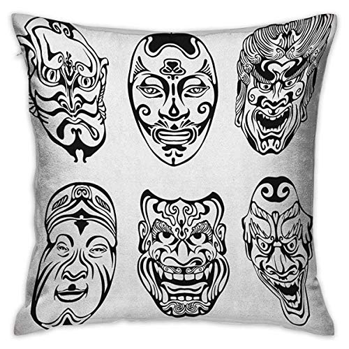 Kabuki Mask Square Funda de almohada estándar Nogaku japonés Máscaras teatrales que muestran emociones Expresiones Cultura Fundas de cojín en blanco y negro Fundas de almohada para sofá Dormitorio Coc