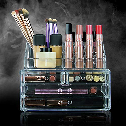 Kaikso-In organizador de maquillaje acrílico transparente caja de joyería 2 cajones, pendientes anillos collares pulseras exhibición lápiz labial caso regalo para mujeres niñas