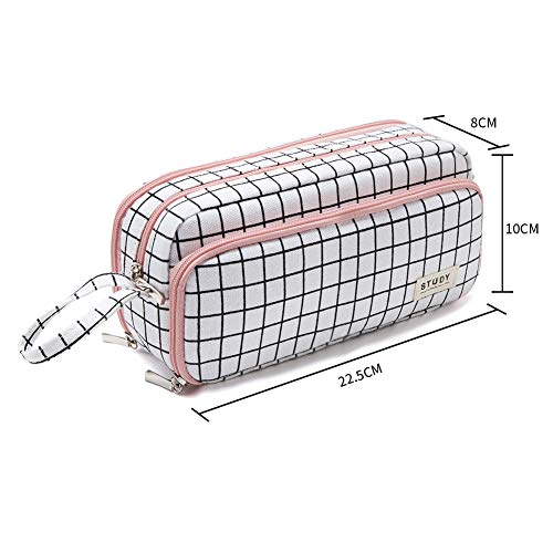 KALIDI - Estuche para lápices con 3 compartimentos de gran capacidad para la escuela y la oficina (Cuadros negros)