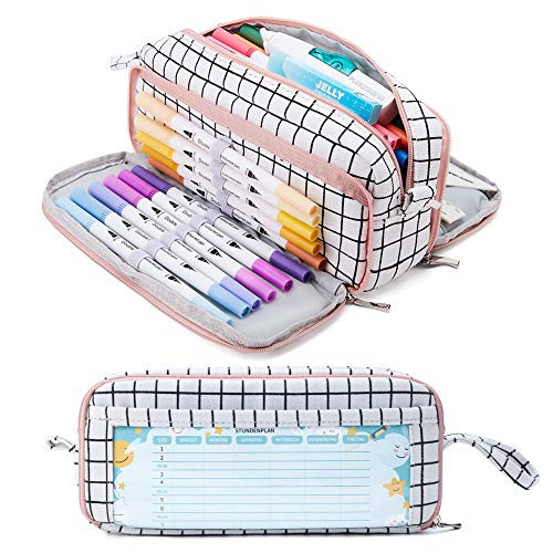 KALIDI - Estuche para lápices con 3 compartimentos de gran capacidad para la escuela y la oficina (Cuadros negros)