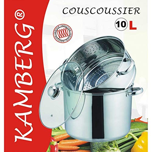 Kamberg - 0008072 - Cuscusera / Al vapor / Olla - 3 en 1 - 26 cm - 10 Litros - Acero Inoxidable Alta Calidad - Tapa de Vidrio - Todos los incendios, incluida la inducción