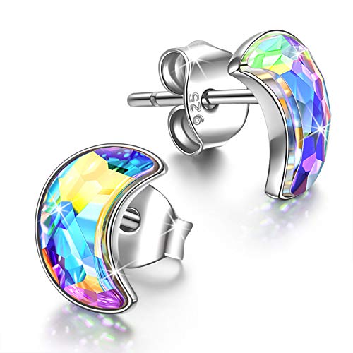 Kami Idea Pendientes para mujer - Luna nueva - Plata esterlina 925, Cristales Aurore Boreale de Swarovski, símbolo de felicidad y buena fortuna, Pendientes Vitrail Light con Exquisita Caja de Regalo