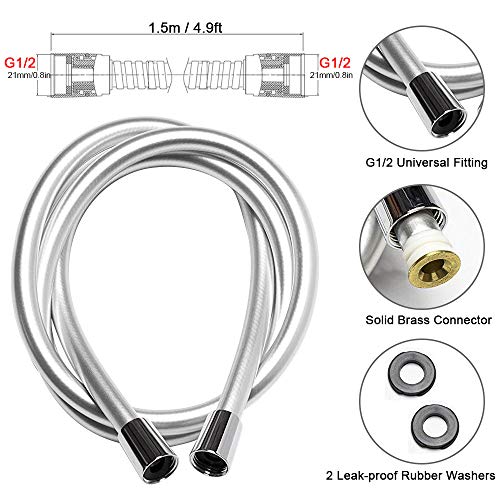 KBNIAN 1.5M Manguera de Ducha Flexible Anti-torsión de PVC Irrompible Adaptador Universal Estándar G 1/2 Latón con Conectores Pivote de 360 Grados para Ducha de mano - Plata
