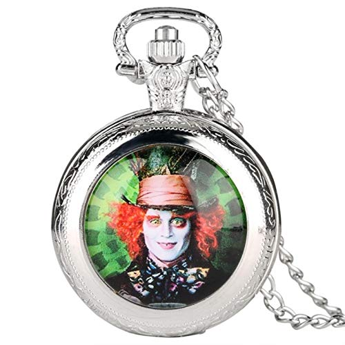 keke Alice In Wonderland Themed Necklace Mad Hatter Pattern Quartz Pocket Watch Famous Watch Men Clock Pendant Gift for Men,Black