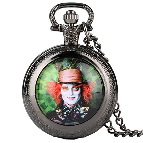 keke Alice In Wonderland Themed Necklace Mad Hatter Pattern Quartz Pocket Watch Famous Watch Men Clock Pendant Gift for Men,Black
