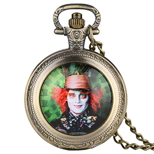 keke Alice In Wonderland Themed Necklace Mad Hatter Pattern Quartz Pocket Watch Famous Watch Men Clock Pendant Gift for Men,Black