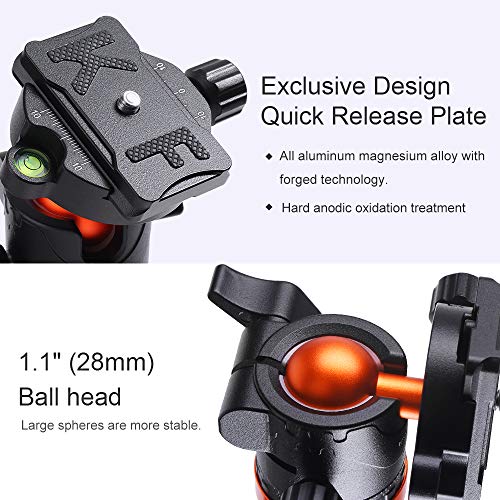 K&F Concept 170cm Trípode Cámara Reflex TM2515T1 con Monopie, 360° y 180° Columna Central Transversal, 360° Rótula de Bola Panorámica y 1/4" Placa Rápida Liberación para Cámara DSLR Canon Nikon Sony