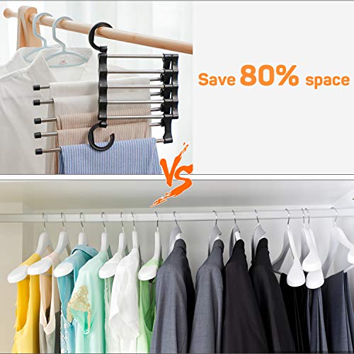 Kikc Perchas Pantalones Multiple, 5 En 1 de Acero Inoxidable Pantalones de MúltiplesPantalones Percha Extensible de Armario Antideslizante para Bufandas Jeans Ropa Pantalones Toallas