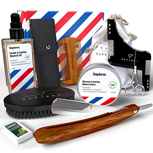 Kit Cuidado fácil & cuidado de Barbero por Sapiens: Coffret La Barba hombre con aceite para la barba OSMA 50 ml Made in France, cepillo, peine y tijeras para barba & bigote + Ebook en regalo