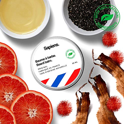Kit de cuidado para barba hombre • Sapiens • Aceite barba y bálsamo 100% origen natural HECHO EN FRANCIA • Cepillo barba de cerdas de jabalí, Peine de madera, Tijeras de punta redonda y Bolsa de tela
