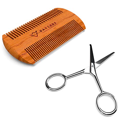 Kit de cuidado para barba hombre • Sapiens • Aceite barba y bálsamo 100% origen natural HECHO EN FRANCIA • Cepillo barba de cerdas de jabalí, Peine de madera, Tijeras de punta redonda y Bolsa de tela