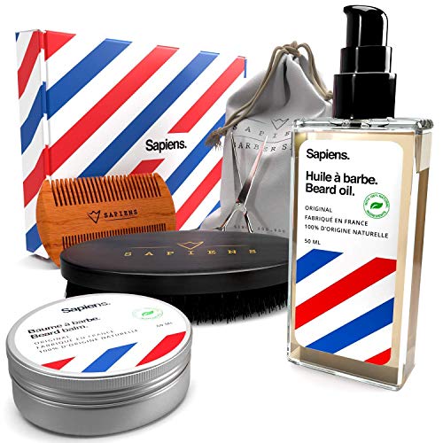 Kit de cuidado para barba hombre • Sapiens • Aceite barba y bálsamo 100% origen natural HECHO EN FRANCIA • Cepillo barba de cerdas de jabalí, Peine de madera, Tijeras de punta redonda y Bolsa de tela