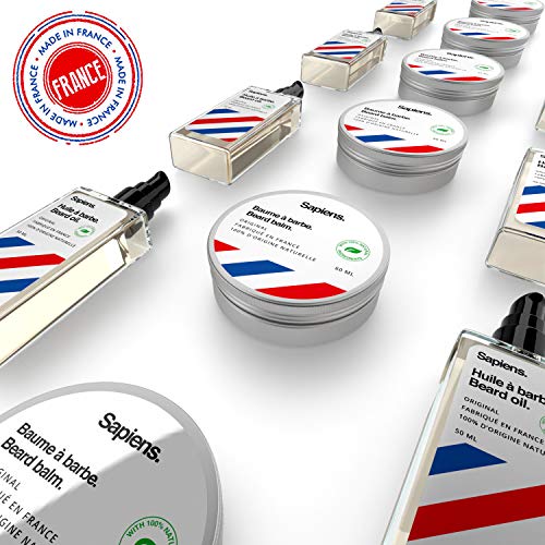 Kit de cuidado para barba hombre • Sapiens • Aceite barba y bálsamo 100% origen natural HECHO EN FRANCIA • Cepillo barba de cerdas de jabalí, Peine de madera, Tijeras de punta redonda y Bolsa de tela