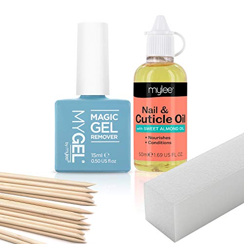 Kit de eliminación de esmalte de gel Mylee - MyGel Magic Gel Remover, Aceite de albaricoque para uñas y cutículas, Empujador de cutícula de madera, Bloque de pulido de uñas