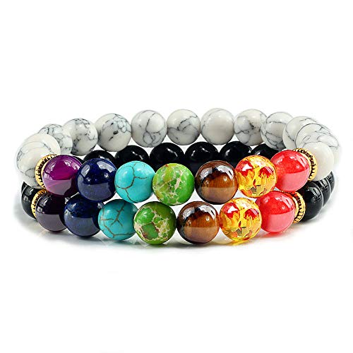 KKMAOMAO Pulsera Chakra Natural，2 Piezas/Conjunto 7 Pulseras Chakra Pareja Distancia Negro Raya Bling Piedra Abalorios Pulsera Yoga Reiki Encanto Joyería Regalo para Mujeres Hombres Amantes