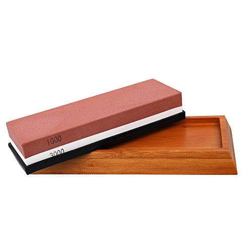KKmoon Piedra de Afilar de Doble Cara,Piedra de Afilar Cuchillos de Corindón Blanco con Base de Bambú/Almohadilla de Silicona