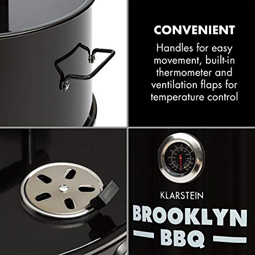 KLARSTEIN Brooklyn-BBQ - Bidón 4 en 1, Parrilla, ahumador, cocinado Fuego Lento y brasero, Ø 42 cm, 3 Patas, Acero, Termómetro, Estante ahumar, Negro