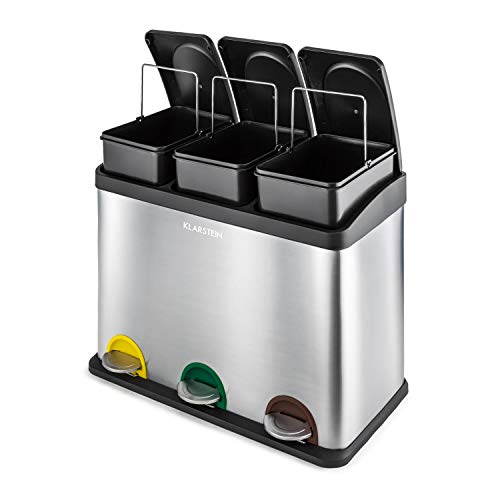 KLARSTEIN Cubo de Basura para Reciclaje con Pedales (3 recipientes, 45 L de Capacidad Total, identificación por Colores, Acero Inoxidable, para separación ecológica de residuos)