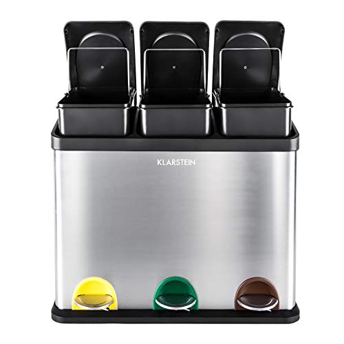 KLARSTEIN Cubo de Basura para Reciclaje con Pedales (3 recipientes, 45 L de Capacidad Total, identificación por Colores, Acero Inoxidable, para separación ecológica de residuos)
