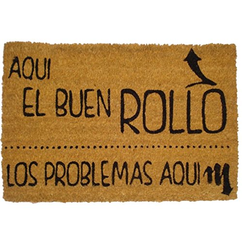 Koko Doormats Felpudo para Entrada de Casa "Aquí el buen rollo" Original y Divertido/Fibra Natural de Coco con Base de PVC, 40x60 cm