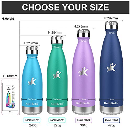 KollyKolla Botella de Agua Acero Inoxidable, Termo Sin BPA Ecológica, Botellas Termica Reutilizable Frascos Térmicos para Niños & Adultos, Deporte, Oficina, Yoga, Ciclismo, (650ml Moda Negro)