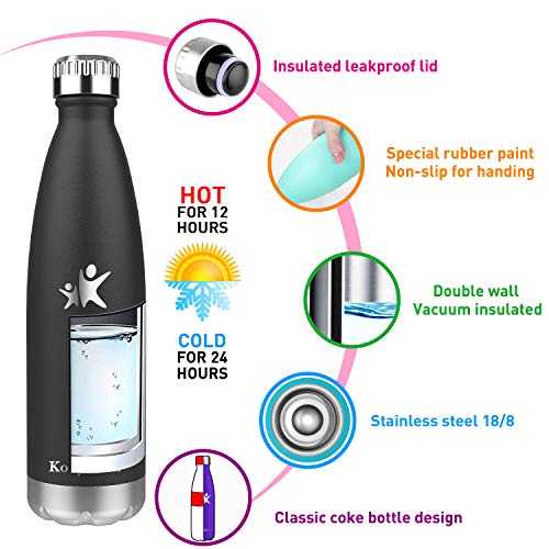 KollyKolla Botella de Agua Acero Inoxidable, Termo Sin BPA Ecológica, Botellas Termica Reutilizable Frascos Térmicos para Niños & Adultos, Deporte, Oficina, Yoga, Ciclismo, (650ml Moda Negro)