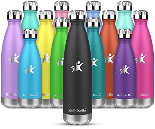 KollyKolla Botella de Agua Acero Inoxidable, Termo Sin BPA Ecológica, Botellas Termica Reutilizable Frascos Térmicos para Niños & Adultos, Deporte, Oficina, Yoga, Ciclismo, (650ml Moda Negro)