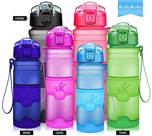 KollyKolla Botella de Agua Deporte, Botellas Sin BPA Tritan Plástico Reutilizables Ecológica con Filtro, Water Bottle para Niños & Adultos, Gimnasio, Yoga, Oficina, Colegio (1L Azul Mate)