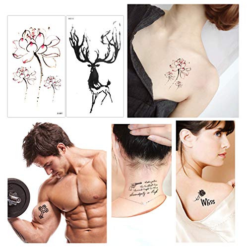Konsait Tatuajes temporales para adultos Mujer hombre Niños (30 hojas), impermeable Tatuaje Temporal Adhesivos Falso Negro Tatuajes de cuerpo temporales brazo cuello