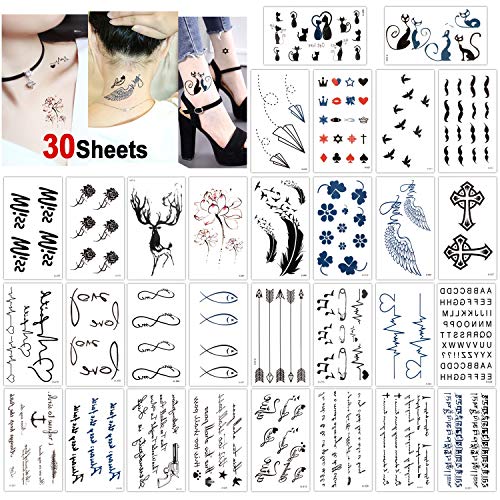 Konsait Tatuajes temporales para adultos Mujer hombre Niños (30 hojas), impermeable Tatuaje Temporal Adhesivos Falso Negro Tatuajes de cuerpo temporales brazo cuello