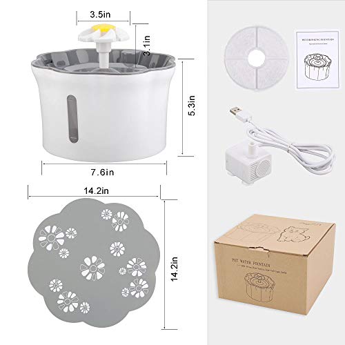 KOOPAO Pet Cat Dispensador de Fuente de Agua, 2.6L Mascotas Filtros de reemplazo de Fuente automáticos Ultra silencioso Saludable e higiénico para Perros Gatos 1 Filtro 1 tapete de Silicona