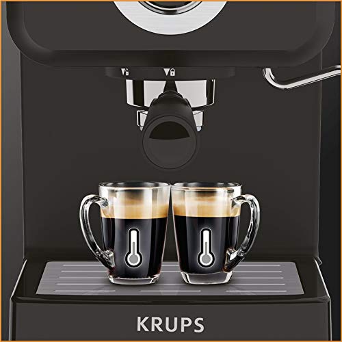Krups Opio XP320810 - Cafetera, 15 bares de presión, calentador de taza y espumador de leche, control giratorio, negro/plata